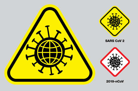 Set of coronavirus warning signs with yellow triangles and rectangles showing a virus molecule with planet inside for use during the Covid-19 pandemicのイラスト素材