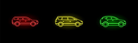 Neon Car Icons Set. Three Different Cars. Electric Neon Color.