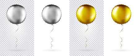Big Set of Silver and Gold Round shaped foil balloons on transparent white background. Mockup for balloon print. Vector.のイラスト素材