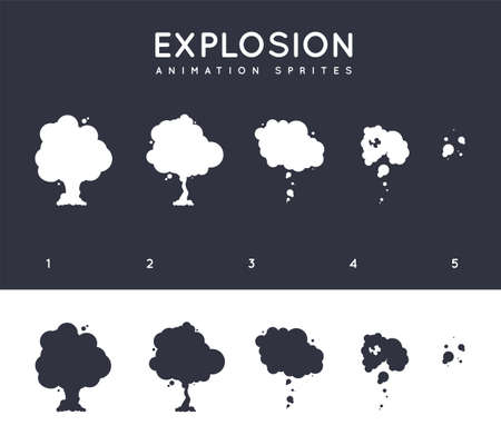 vector explosion. Explode effect animation with smoke. cartoon explosion frames. Sprite sheet of explosionのイラスト素材