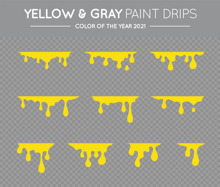 Yellow and Gray Dripping Paint Set. Liquid Drips. Paint Flows. Stains. Current drops. Inks. vector illustration.のイラスト素材