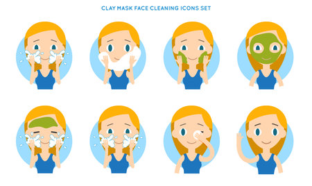 Face Cleansing And Care. Green Clay Mask Step-by-Step Action Set.のイラスト素材