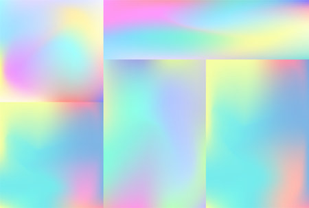 Set of Liquid Chromatic Holographic Texture, Wrinkled Foil Background. Gas Fuel Rainbow.のイラスト素材