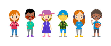 Kids waving hands flat vector illustrations set. Smiling little children in casual clothing greeting...