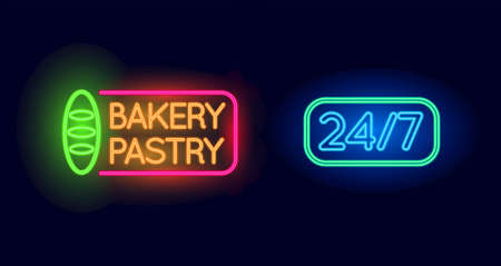 Bakery Pastry Shop and 24 7 Neon light sign set. vector illustration.のイラスト素材