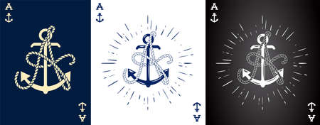 Set of three Vintage Label with an Anchor and Letter made of Ship Rope. Apparel t-shirt or Poster Design. Logotype Monogram with Playing Cards Style. vector illustration.のイラスト素材