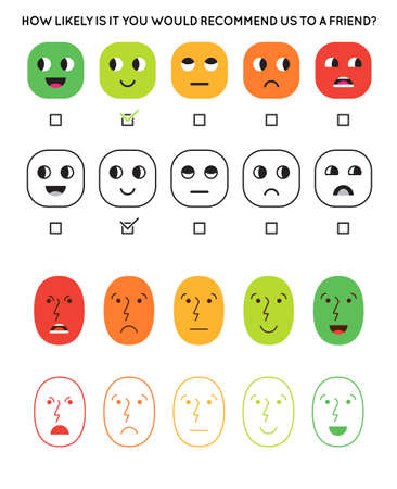Set of Satisfaction Rating Icons. Set of Feedback Icons in form of emotions. Excellent, good, normal, bad, awful. vector illustration.のイラスト素材