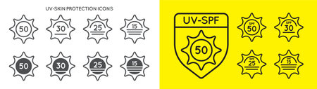 Set of Sun Protection UV Index, SPF 50, SPF 30, 25, 15 Vector Icons Collection.