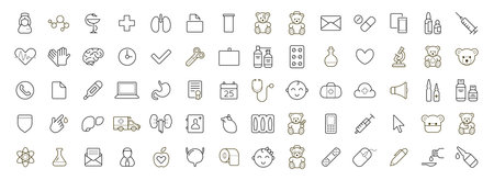 Outline icons set. Pediatric hospital clinic and medical care. Vector.のイラスト素材
