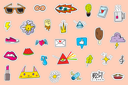 Cute Colorful Modern Patch Set. fashion patches. Cartoon 80's - 90's style.のイラスト素材