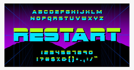 80's Retro Futurism style Font. Vector Brush Stroke Alphabet. Restart. Retro Futurism Old VHS Style. Futuristic Gaming or Musicのイラスト素材