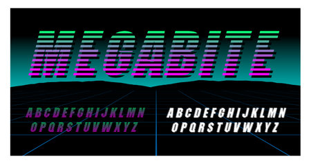 80's Retro Futurism style Font. Vector Brush Stroke Alphabet. Retro Futurism Old VHS Style. Megabit. Futuristic Gaming or Musicのイラスト素材