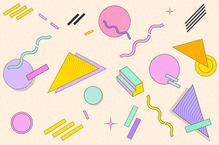 Geometric horizontal background. Memphis minimalist retro poster. Graphic retro wave template. Abstract trendy pattern with multicolored geometric shapes.のイラスト素材