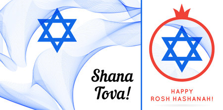 Rosh Hashanah (Jewish New Year). Icon/badge and signature 'Shana Tova' (Happy New Year). With Israel Flag Elements. Template for postcard or invitation card.のイラスト素材