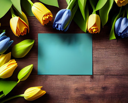 Colorful tulips in front of wooden wall. Easter card. With space for your greetings. Wooden background. Generative Ai. International Women's Day or Mother day concept.の素材