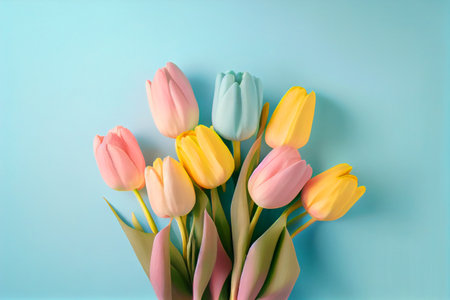 Spring tulip flowers on blue background top view in flat lay style. Greeting for Womens or Mothers Day or Spring Sale Banner. Generative Ai.の素材