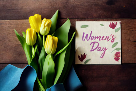 Colorful tulips in front of wooden wall. Easter card. With space for your greetings. Wooden background. Generative Ai. International Women's Day or Mother day concept.の素材