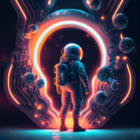 Sci-fi Retrowave space 3D illustration of science fiction scene with mysterious astronaut figure in space suit surrounded by glowing neon tube lights. Generative Ai.の素材