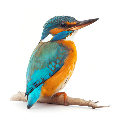 Illustration of common kingfisher (Alcedo atthis) perched on a branch isolated on white background. Bird. Animals. Generating Ai.の素材