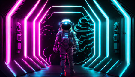Sci-fi Retrowave space 3D illustration of science fiction scene with mysterious astronaut figure in space suit surrounded by glowing neon tube lights. Generative Ai.の素材