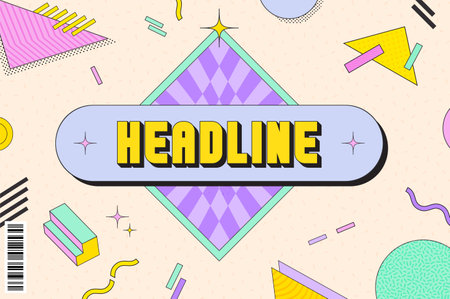 Geometric horizontal background. Memphis minimalist retro poster. Graphic retro wave template. Abstract trendy pattern with multicolored geometric shapes.のイラスト素材