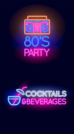 80's Party with Boombox Cassette Player and Cocktails and Beverages Neon light sign set.