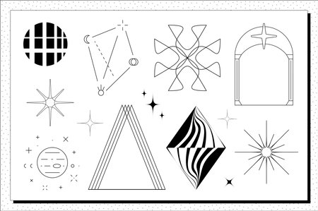 Super trendy geometric Y2K brutalism styled linear shapes. Set including stars, deformation, bubbles, arrows and other trendy shapes.のイラスト素材