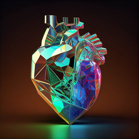 Realistic holographic heart for advertising and web. Holographic diamond polygonal heart for Valentine's day cards. Low poly. Rainbow colors. Generative Ai.の素材