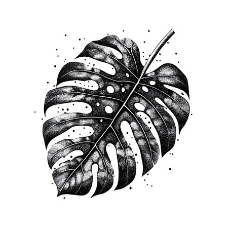 Monstera leaf hand drawn ink illustration in stippling technique. Black and white isolated art, floral tattoo template. Tropical summer design, trendy leaf. Generative Ai.の素材