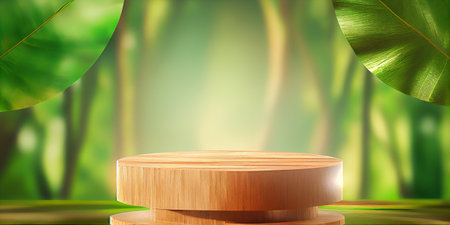 Wooden product display podium with blurred nature leaves on green background. 3D rendering. For spa or nature cosmetics. Generative Ai.の素材