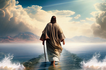 Jesus Christ walking on water on the sea of Galilee. Generative Ai.の素材