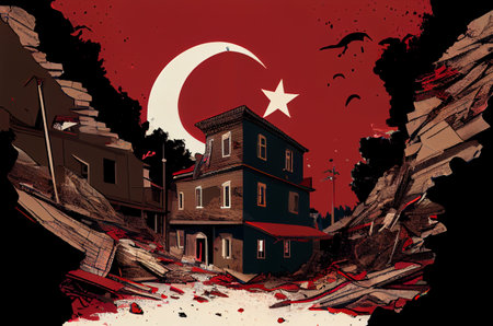 Pray for Turkiye (Turkey). Earthquake tragedy in Turkey. February 5, 2023. Turkey Flag and destroyed city. Poster, story post, social media. Generative Ai.の素材