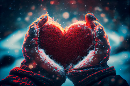 Female hands in a mittens or gloves holding red decorative heart for Valentine Day. Generative Ai.の素材