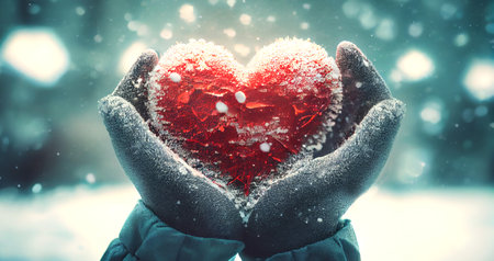 Female hands in a mittens or gloves holding red decorative heart for Valentine Day. Generative Ai.の素材