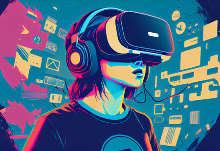 Concept of virtual reality technology, graphic of a teenage gamer wearing VR head-mounted playing game. Generative Ai.の素材