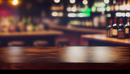 Image of wooden table in front of abstract blurred background of Bar lights. Generative Ai.の素材