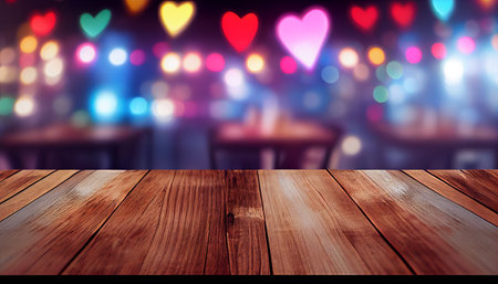 Image of wooden table in front of abstract blurred background of restaurant lights. Generative Ai. Valentines Day.の素材