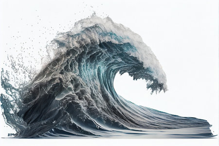 Tropical blue surfing wave. Generative Ai. No people. Beautiful deep blue tube wave in the Ocean. Isolated on white background.の素材