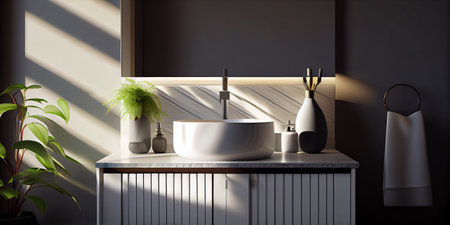 3D styled art illustration an empty white vanity counter with ceramic washbasin and modern style faucet in a bathroom with morning sunlight and shadow. Products display mockup. Generative Ai.の素材