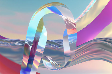 3d style abstract background in nature landscape. Transparent glossy glass ribbon on water. Holographic curved wave in motion. Iridescent design element for banner. Generative Ai.の素材