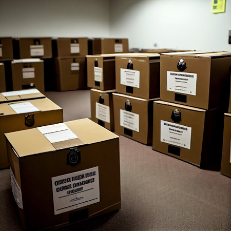 Archive evidence police depository cardboard box black shelves with white office boxes card file. Generative ai.の素材