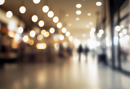 Warm light. Blur light background at shop in mall for business background, blurry abstract bokeh at interior hallway. Generative ai.の素材
