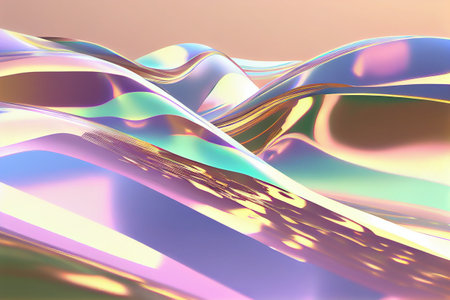 3d style abstract background in nature landscape. Transparent glossy glass ribbon on water. Holographic curved wave in motion. Iridescent design element for banner. Generative Ai.の素材