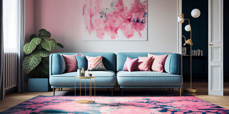 Patterned carpet in pink and blue living room interior with sofa against white wall with painting. Generative Ai.の素材