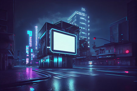 Neon future Illustration sketch of the futuristic city in the style of cyberpunk. Empty street with neon lights and big glowing billboard mockup. Night cityscape. Grunge urban landscape. Generative ai.の素材