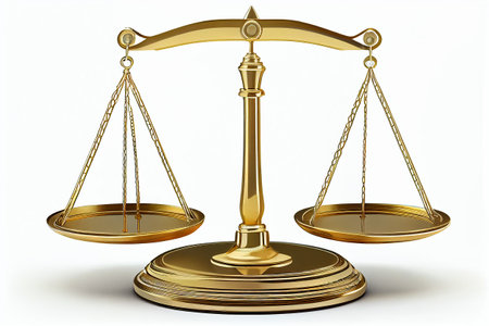 Gold brass balance scale isolated on white background. Sign of justice, lawyer Generative Ai.の素材