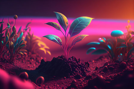 Seedling are growing in the soil with backdrop of the sunlight. Planting trees to reduce global warming. Retrowave colors. Generative Ai.の素材