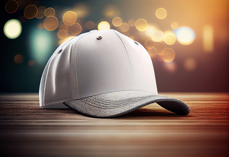 Blank White Hat Template Mockup on Wooden Surface in Modern Interior background. Generative Ai. Empty space for design.の素材