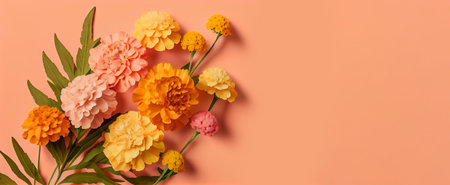 Spring marigold flowers on pink pastel background top view in flat lay style. Greeting for Womens or Mothers Day or Spring Sale Banner. Generative Ai.の素材