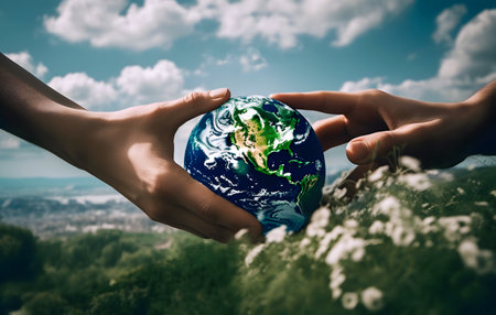 Hand giving to other hand a planet. Green spring background. Earth day holiday concept. Happy Earth Day. Generative Ai.の素材